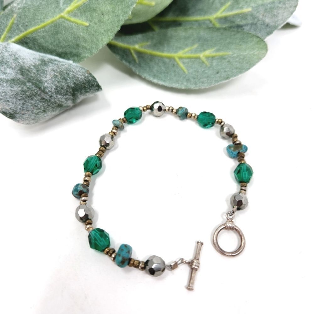 STERLING SILVER Green & Silver Tone Faceted Bead Turquoise‎ Nugget Bracelet